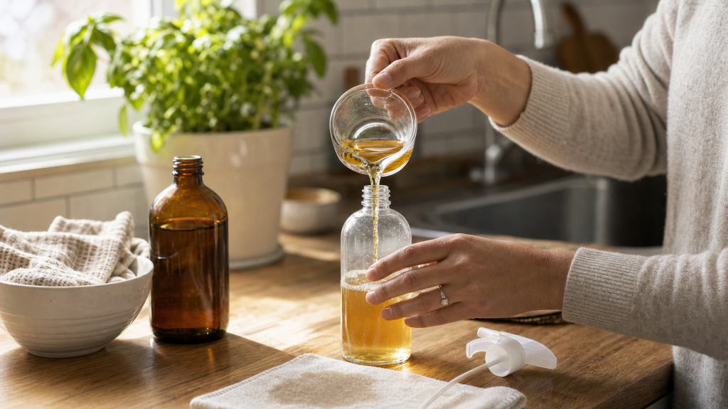 Hands pouring apple cider vinegar into an unlabeled spray bottle on a wooden kitchen counter, measuring cup, cloth and bowl nearby, soft window light, shallow depth of field.