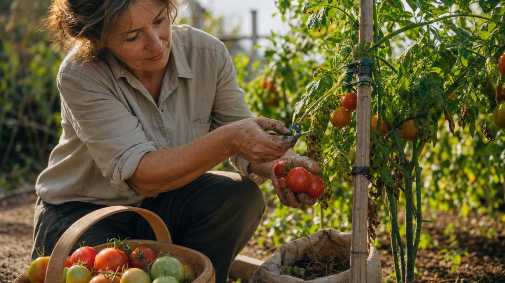 Candid editorial photo of a gardener snipping a blighted tomato leaf while harvesting ripe and green tomatoes in an August allotment, close-up of hands and fruit.