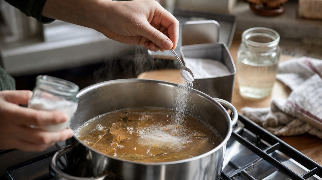 Hands sprinkling baking soda into a simmering pot of bay leaves on a kitchen stove, steam rising
