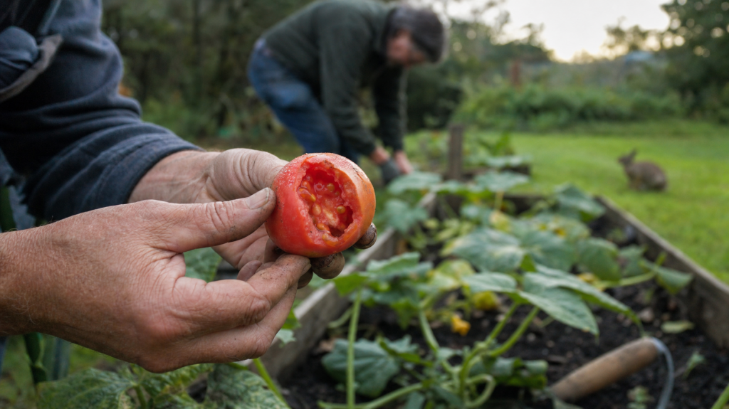 Hands holding a partially bitten ripe tomato over a backyard vegetable bed, with blurred gardener and vines in the background.