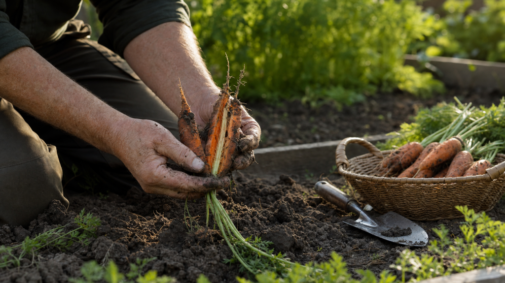 Gardener's hands holding a freshly pulled carrot split lengthwise showing a woody, bitter core with soil and a blurred garden bed in the background.