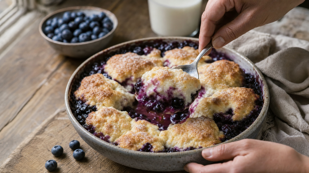 Rustic ceramic dish of blueberry cobbler with fluffy cream-topped biscuit puffs, a hand lifting a biscuit to reveal bubbling berries, sunlit wooden table.
