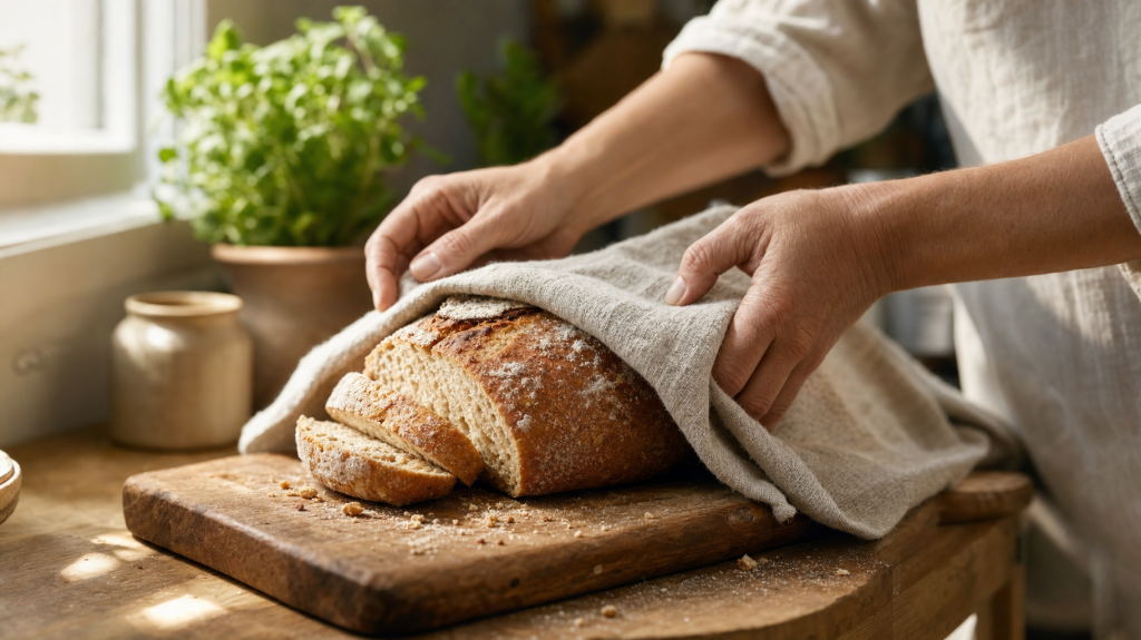 Hands tucking a linen kitchen towel over a partly sliced artisan loaf on a wooden board in soft window light, shallow depth of field.