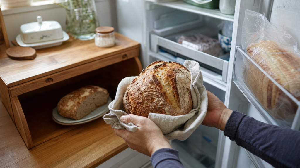 Photojournalistic kitchen scene with hands holding a sourdough loaf, open breadbox, open refrigerator shelf with sealed loaf, and a pulled-out freezer drawer containing frozen bread.
