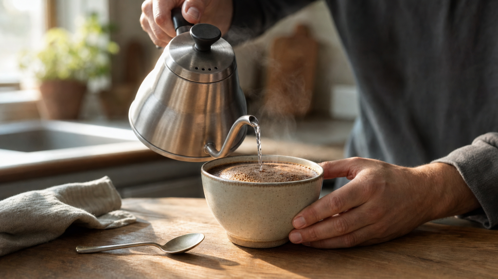 Hands pouring hot water from a gooseneck kettle into a ceramic cup of ground coffee on a wooden counter, steam rising, natural window light, shallow depth of field.