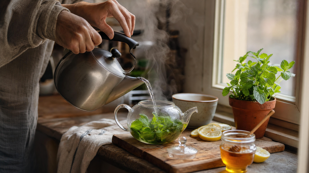 Hands pouring hot water into a glass teapot with fresh mint on a sunlit kitchen windowsill, lemon and honey nearby.