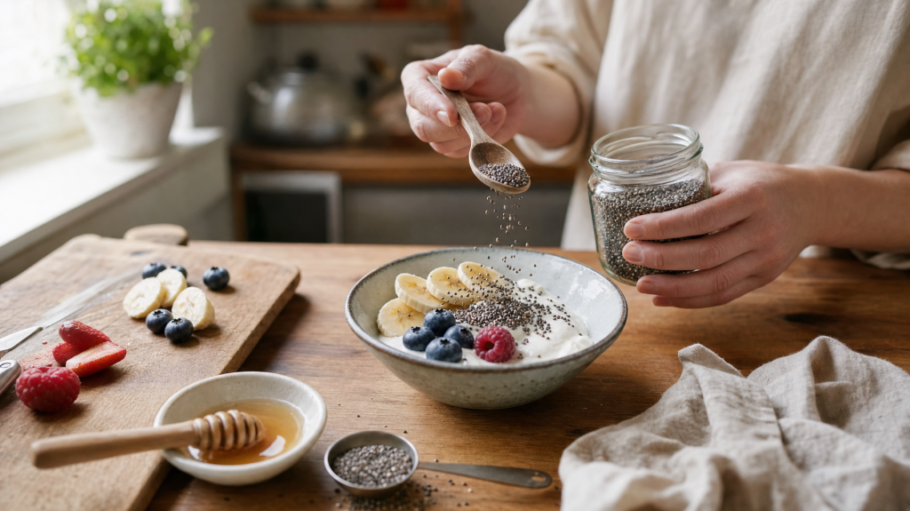 Hands sprinkling chia seeds from a glass jar into a bowl of yogurt with banana and berries on a sunlit wooden kitchen counter.
