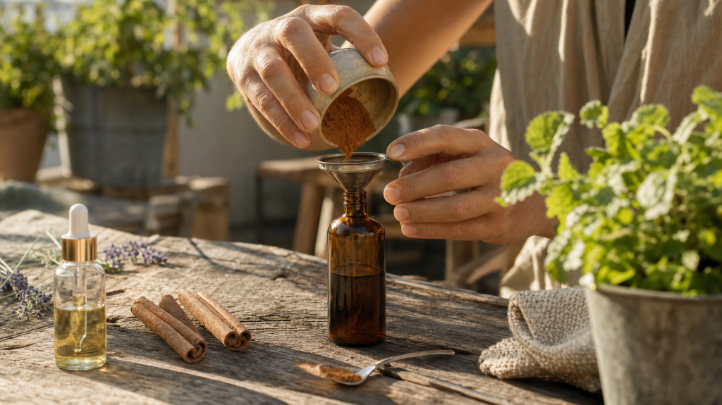 Hands of a person pouring ground cinnamon into an amber spray bottle on a wooden terrace table with cinnamon sticks, a pipette bottle of oil and potted herbs in soft-focus garden background, warm natural light.