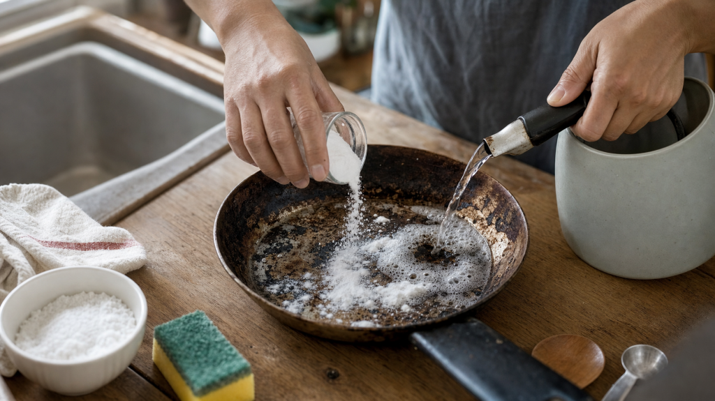 Hands sprinkling baking soda into a burnt frying pan as vinegar is poured, with bowl, sponge and dishcloth nearby in sunlit kitchen.