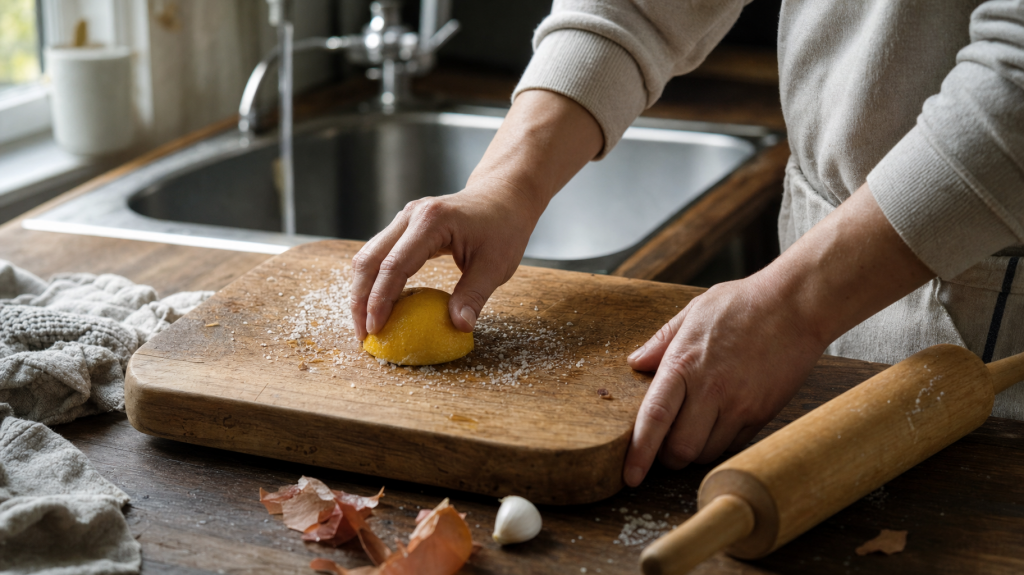 Close-up of hands cleaning a wooden cutting board with a halved lemon and coarse salt, a wooden rolling pin lying nearby on a sunlit countertop.