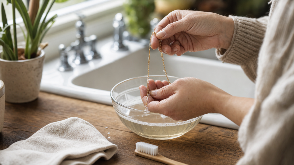 Close-up of hands cleaning a delicate gold necklace over a kitchen sink with a bowl of soapy water and a soft brush nearby