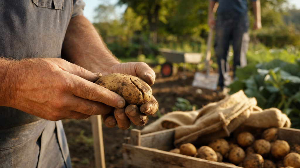 Gardener holding a freshly dug potato with visible cracks and soil, wooden crate of potatoes in background, outdoor garden setting.