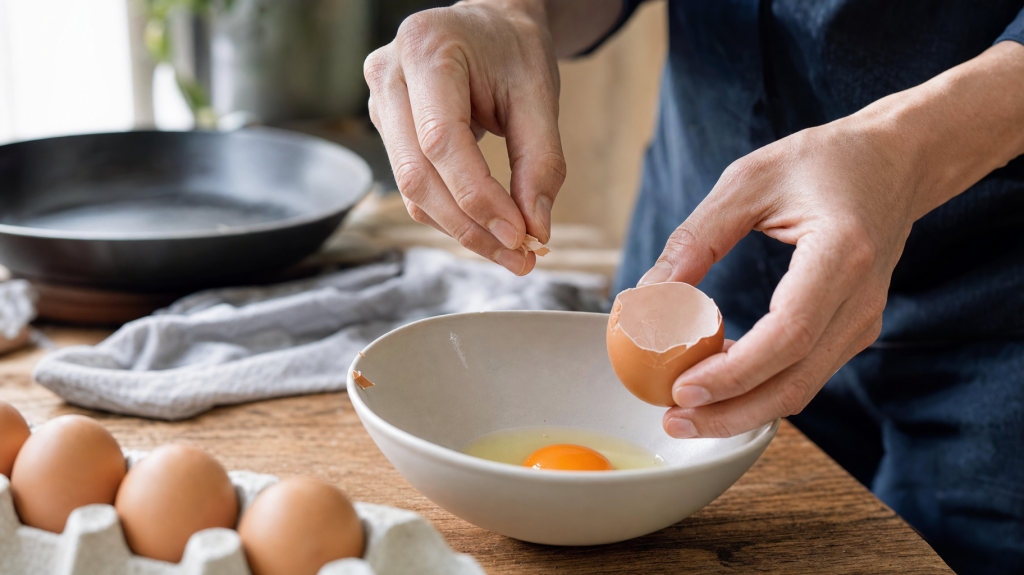 Close-up editorial photo of hands cracking an egg over a ceramic bowl, yolk intact and a small shell fragment being removed, natural kitchen light.
