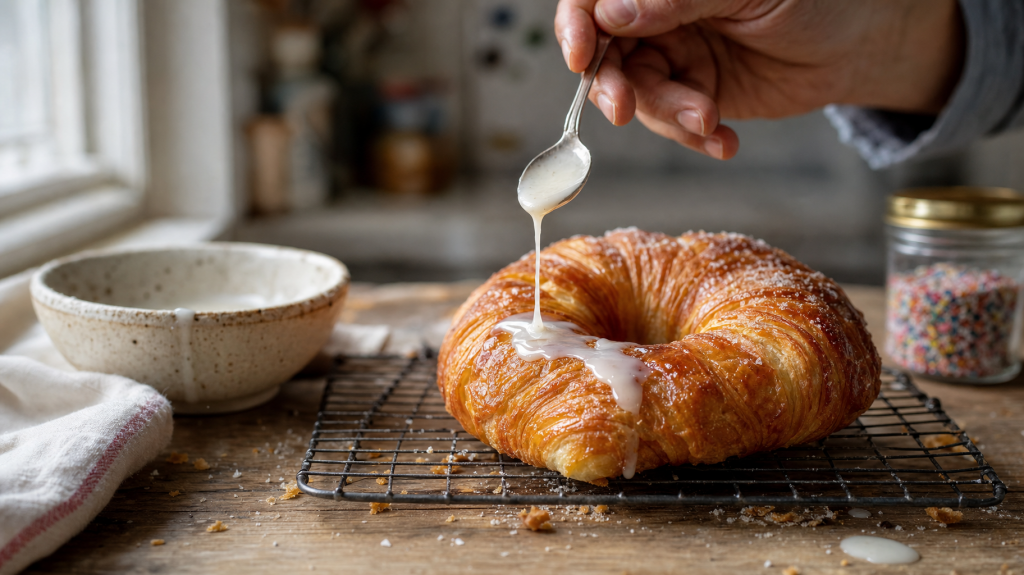 Close-up editorial photo of a glossy, flaky croissant-donut on a cooling rack as a hand drizzles vanilla glaze, sunlit home kitchen blurred in the background.
