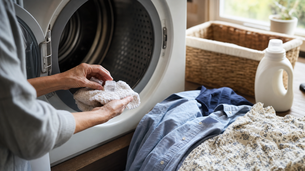Hands placing a damp cloth and ice into an open dryer drum with shirts on a nearby folding table, natural window light, shallow depth of field.