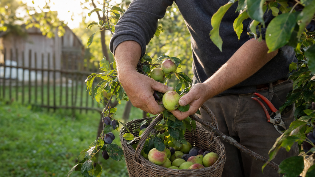 Hands of a gardener picking slightly underripe apples and plums into a woven basket in a Ukrainian backyard orchard at morning light.