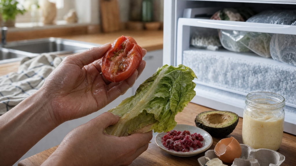 Journalistic photo of hands holding a soggy tomato and wilted lettuce above a wooden countertop beside an open freezer drawer with frost and thawed, mushy foods.