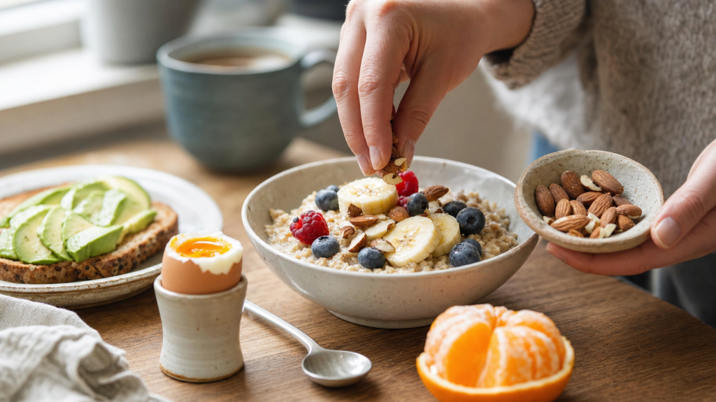 Hands sprinkling almonds onto an oatmeal bowl topped with banana and berries on a wooden table with avocado toast, soft-boiled egg and a blurred coffee cup in natural window light.