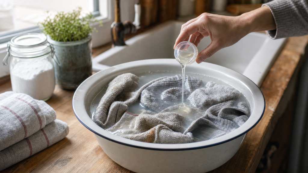 Close-up editorial photo of a hand pouring a small lid of laundry gel into a basin where greasy grey kitchen towels soak in a cloudy whitening solution, soft morning window light, shallow depth of field.