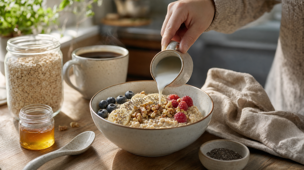 Editorial photo of a bowl of oatmeal topped with berries, banana, nuts and seeds on a wooden table, with hands pouring milk in soft morning light.