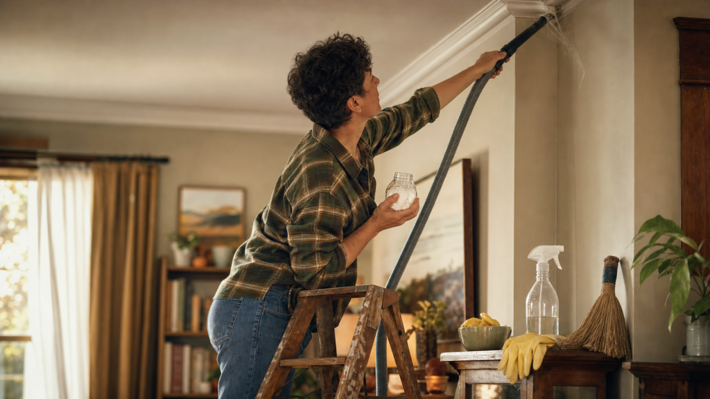 Homeowner removing a cobweb with a vacuum crevice tool in a sunlit living room, natural repellents on a table nearby.