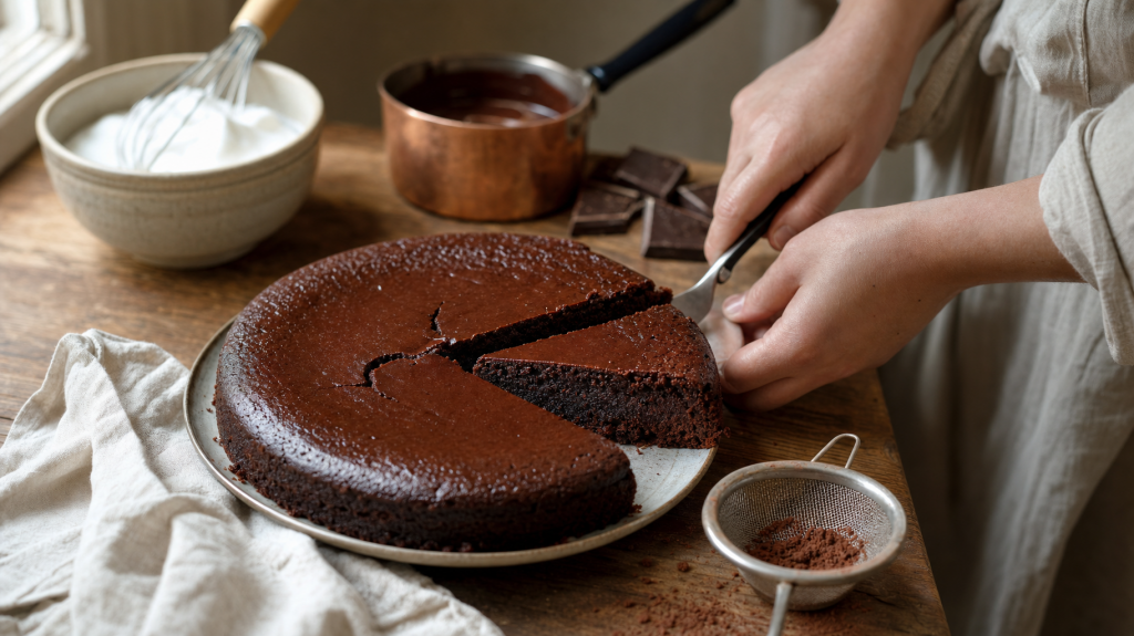 Editorial photograph of a flourless chocolate cake being sliced, showing glossy interior and natural window light, shallow depth of field