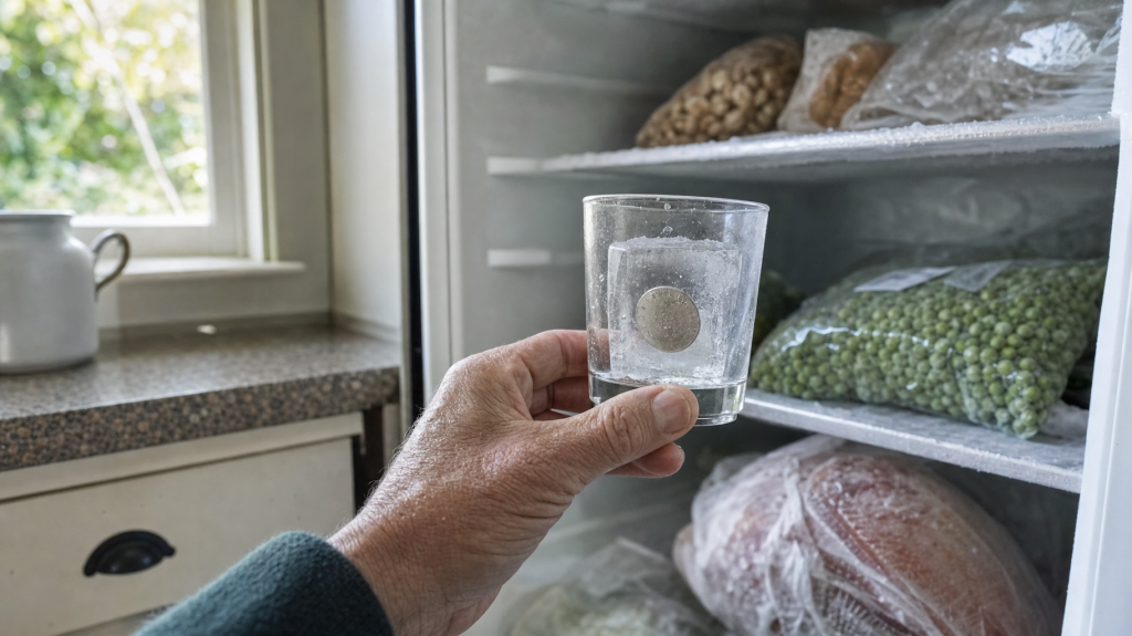 Hands lifting a small glass with a coin frozen inside from an open household freezer, surrounded by frosted groceries, natural morning light, documentary-style photo.