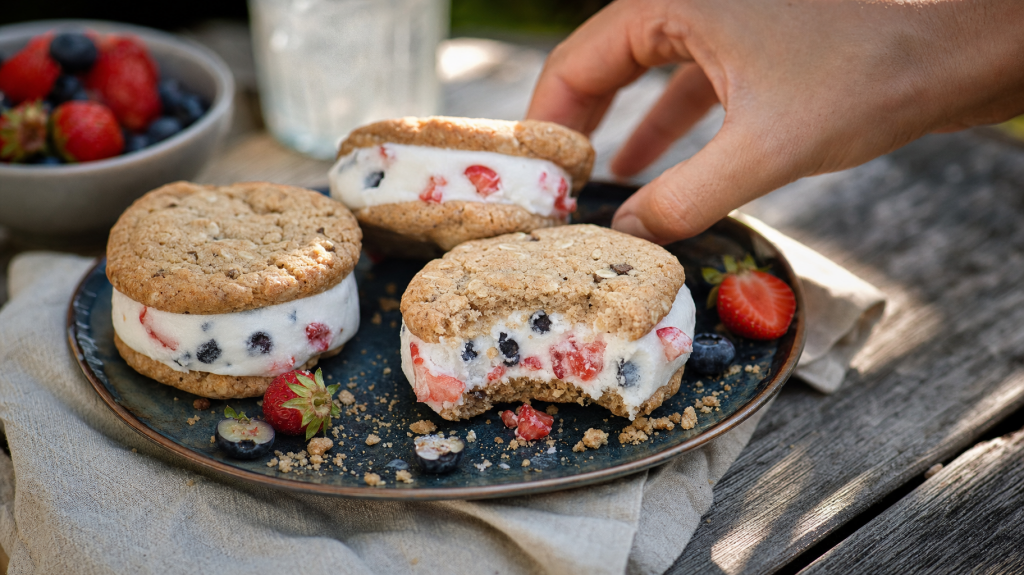 Editorial photo of three homemade frozen yogurt cookie sandwiches with visible strawberry and blueberry filling on a rustic wooden table; one sandwich is bitten and a hand reaches to pick it up, bowl of berries blurred in background.