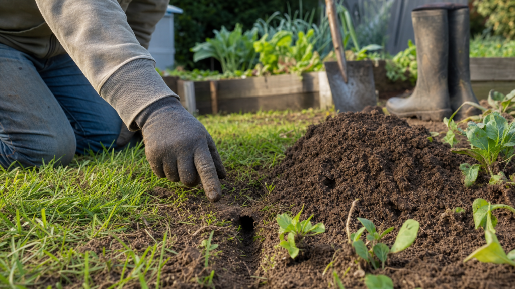 Gardener in gloves points at a fresh molehill and narrow runway in a backyard garden bed, morning light, shallow depth of field.