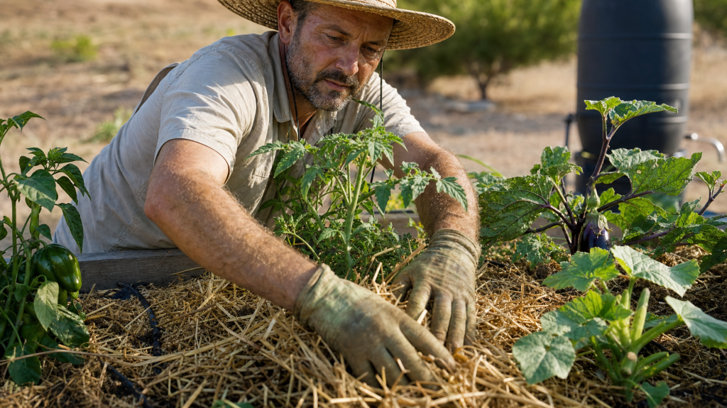 Gardener spreading straw mulch around drought-tolerant vegetables in a sunlit raised bed during a heatwave.