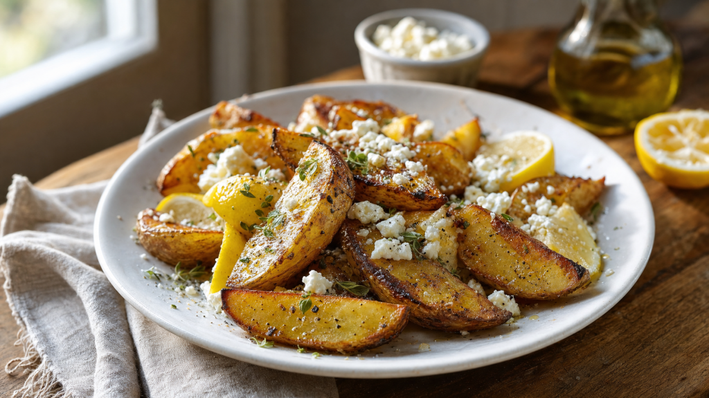 Plate of crispy oven-roasted Greek potato wedges with crumbled feta, lemon wedges and oregano on a rustic table in natural window light.