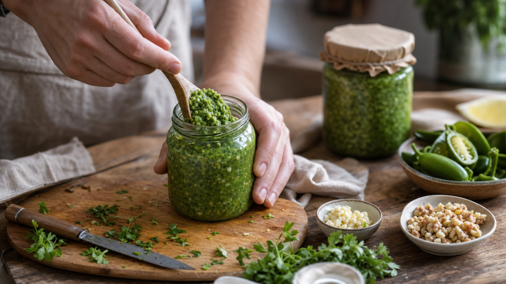 Open jar of bright green adjika on a wooden table with bowls of walnuts and garlic, a cook's hands filling a jar in soft window light.