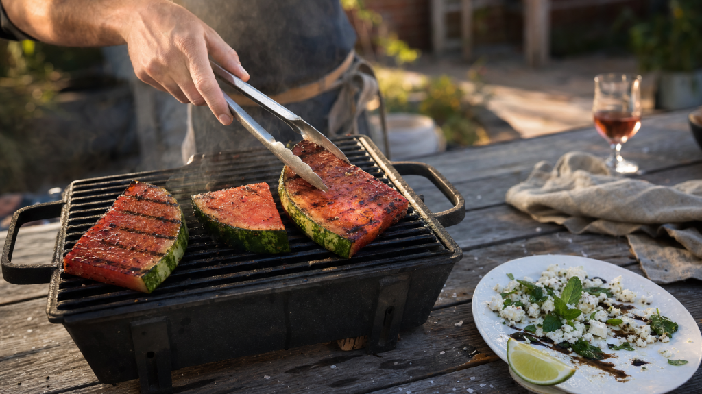 Close-up editorial photo of charred grilled watermelon wedges on a backyard cast-iron grill, one wedge turned with tongs, plate with feta and mint on wooden table, golden-hour light, shallow depth of field.