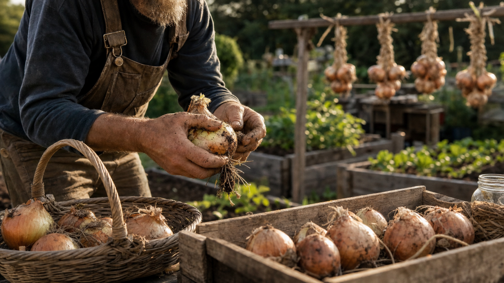 Hands of a gardener lifting a freshly dug onion from the soil with a basket and onions laid out to dry on a wooden crate in a sunlit garden.