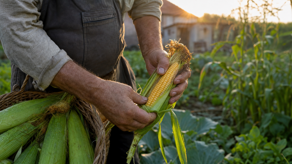 Hands of a gardener peeling back a corn husk at dawn to inspect plump yellow kernels, wicker basket of ears and corn rows blurred in background.
