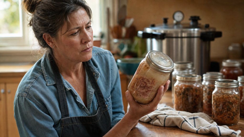 Home cook inspects a jar of homemade preserves with a slightly bulging lid on a sunlit wooden kitchen counter, other jars and a pressure canner blurred behind.
