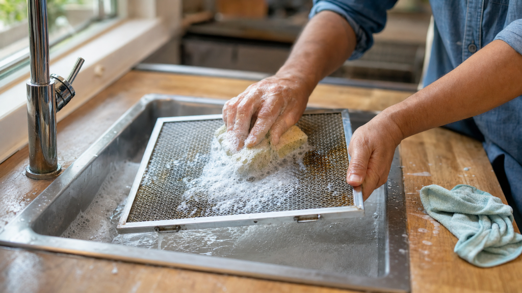 Hands scrubbing a greasy metal range-hood filter in a home sink with a homemade soapy solution, natural morning light, shallow depth of field.