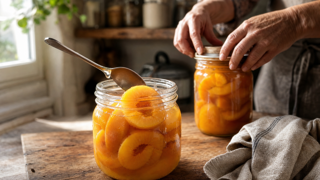 Editorial close-up of an open jar of peach halves in syrup on a wooden counter, spoon in jar and hands placing a lid nearby, soft window light.