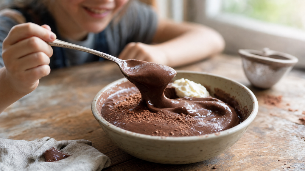 Close-up of a spoon lifting glossy homemade chocolate pudding from a ceramic bowl on a sunlit wooden table, with a child's blurred smile in the background.