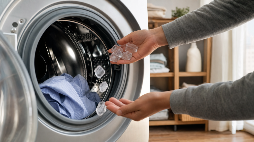 Hands dropping ice cubes into the drum of a front-loading washing machine with a wrinkled shirt visible inside, shot in natural light.