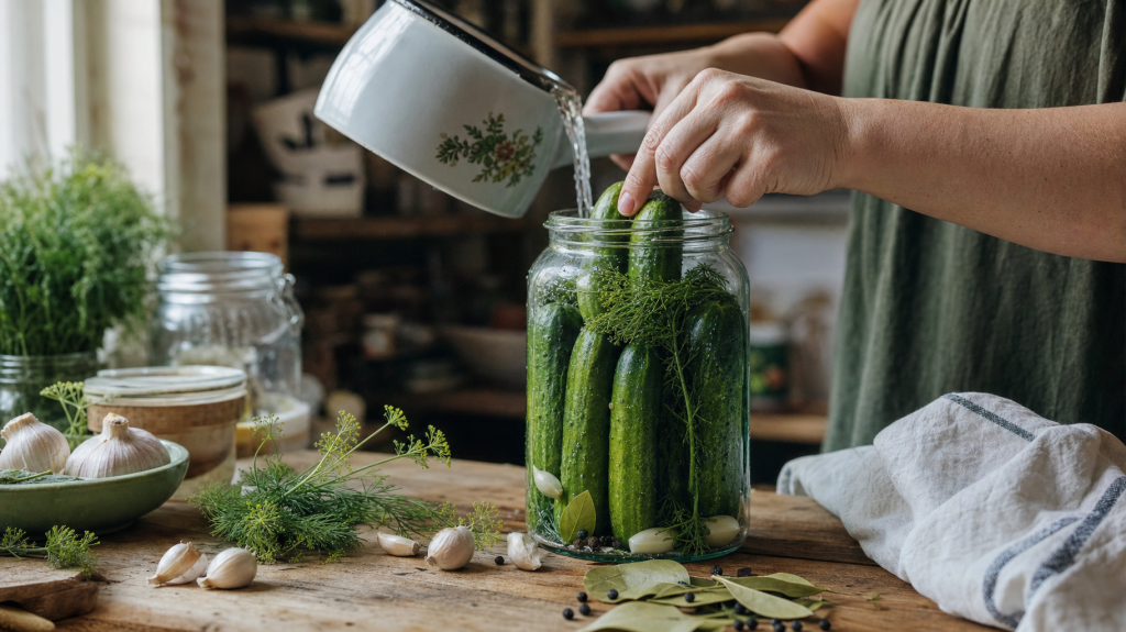 Hands arranging cucumbers in a glass canning jar on a sunlit wooden kitchen counter with dill and spices nearby.