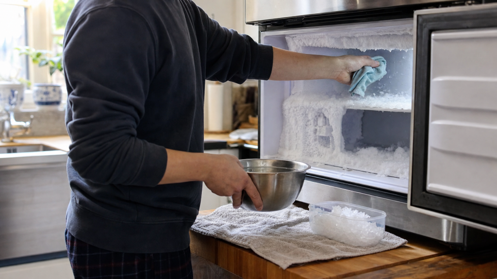 Hands wiping thick frost from an open freezer with warm water and a cloth in a sunlit kitchen, towels and a bowl nearby.