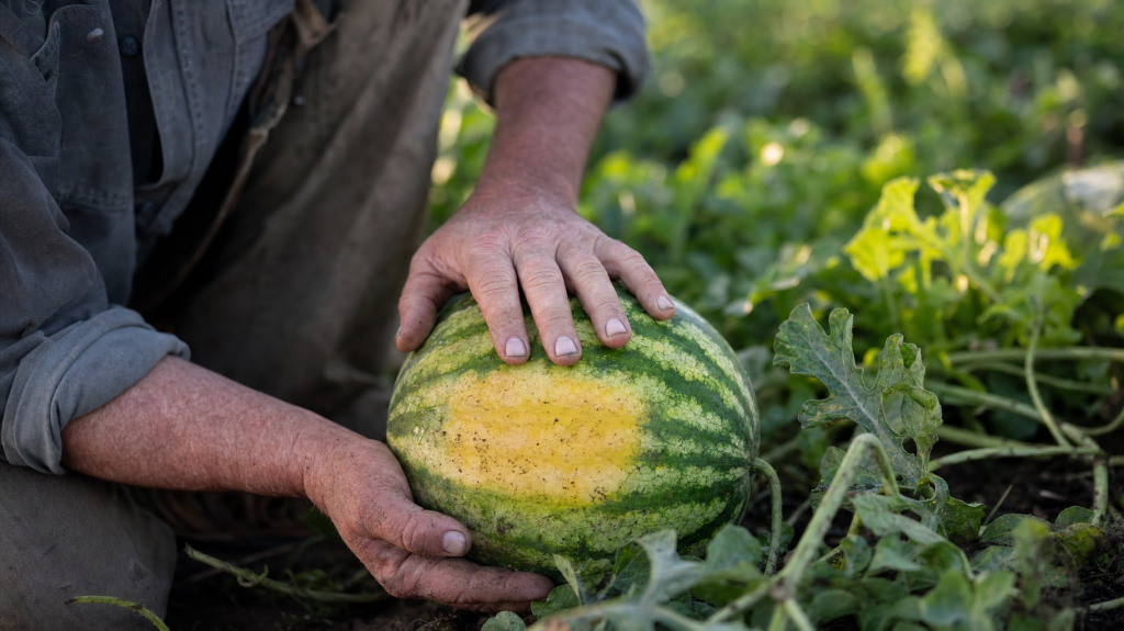 Gardener cradling a ripe watermelon in a garden, showing the yellow ground spot; hands and rind in sharp focus, blurred vines behind.