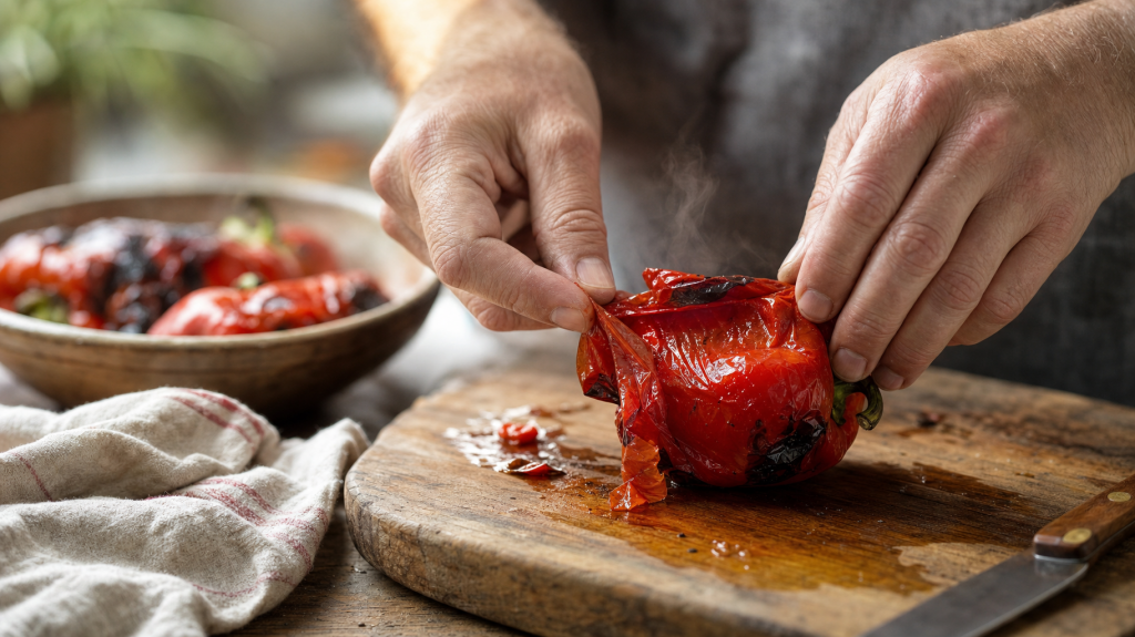 Journalistic photo of hands peeling the charred skin from a roasted red pepper on a wooden cutting board, soft natural light, shallow depth of field.