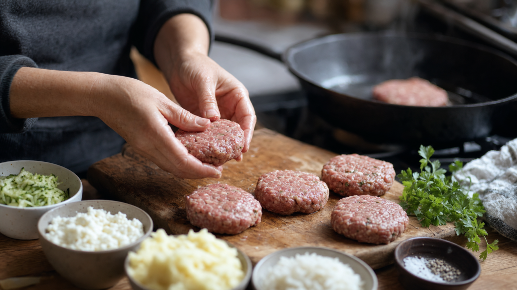 Editorial photo: hands of a cook shaping raw meat patties on a wooden board with bowls of grated zucchini, ricotta, mashed potato, cooked rice and soaked oats nearby, natural window light, shallow depth of field, Canon EOS R5 85mm.