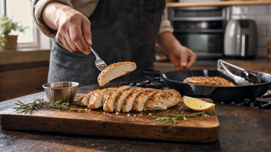 Sliced, juicy seared boneless skinless chicken breast on a wooden cutting board with herbs and pan in a sunlit home kitchen, shallow depth of field.