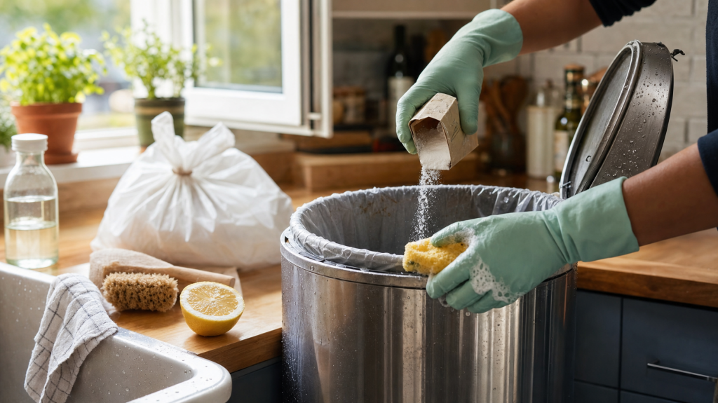 Hands in rubber gloves cleaning a stainless-steel kitchen trash bin with baking soda and a sponge, sunlight on a wooden counter and blurred kitchen background.