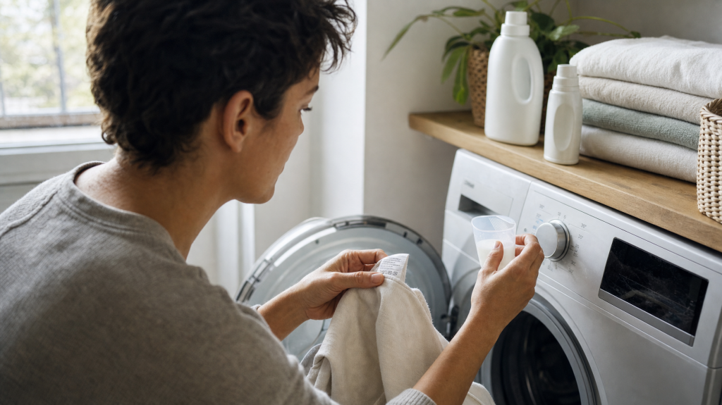 Person reading a garment care label while adjusting a washing machine dial and holding a measuring scoop in a sunlit home laundry room.