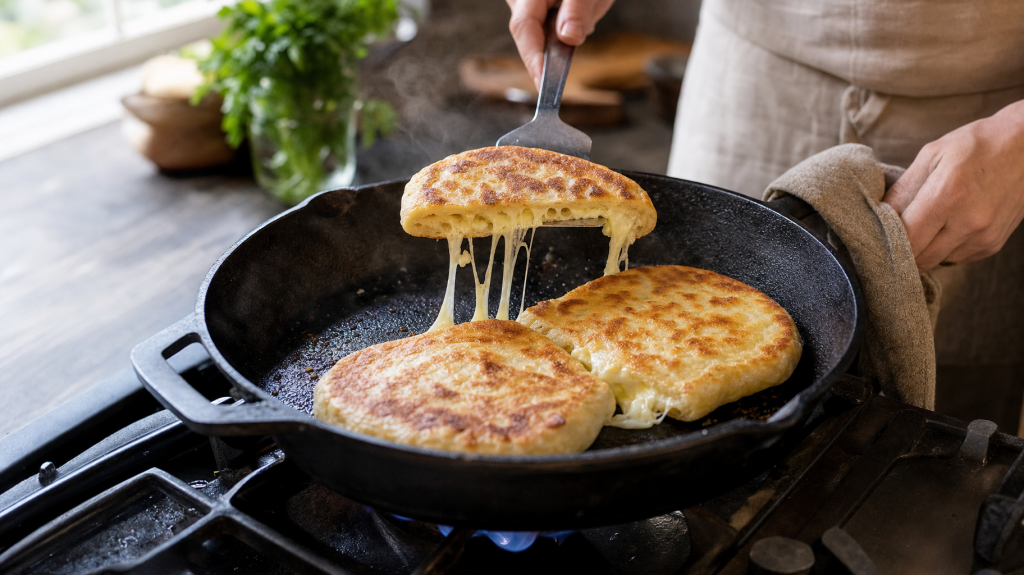 Sunlit skillet with three golden lazy khachapuri; one cut open showing oozing cheese, cook's hands with spatula in a blurred home kitchen.