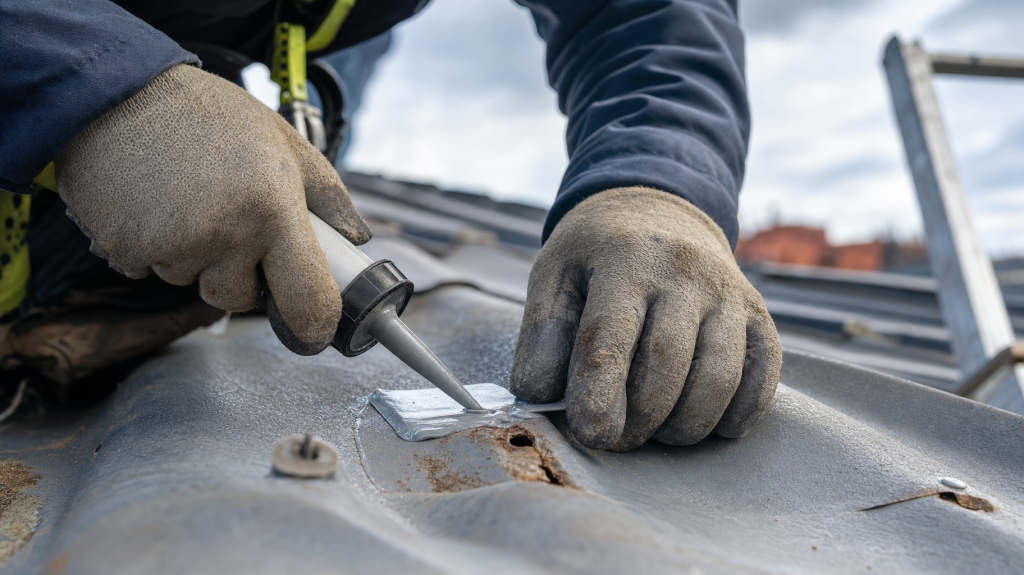 Close-up of gloved hands applying silicone sealant to a small hole in corrugated metal roofing, natural daylight, shallow depth of field, journalistic style.